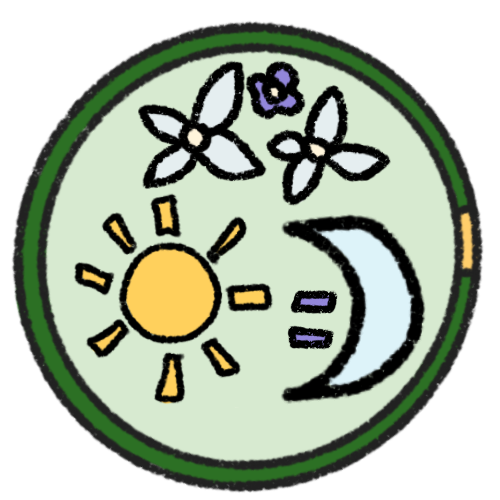 a sun and moon with an equals sign between them, with flowers above, on a light green background surrounded by a green circle with a gold segment on its right.